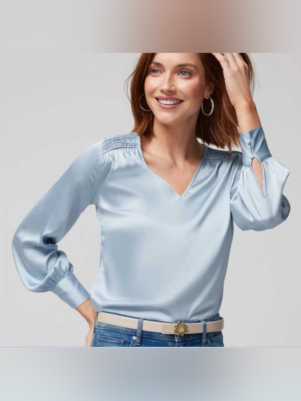 WHBM White House Black Market Blue Satin Blouse Top L V-Neck NWT